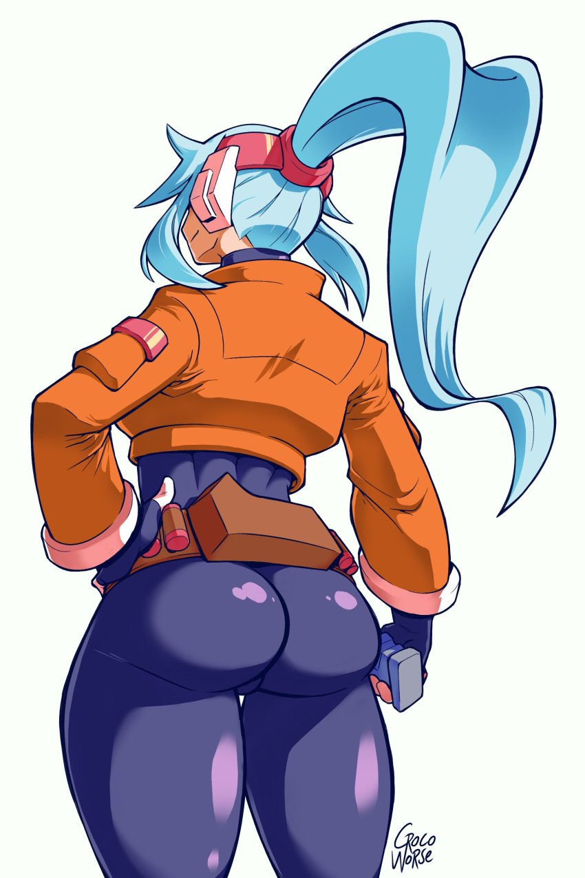 1girls ashe_(megaman_zx) big_ass bodysuit clothed crocoworseart female mega_man mega_man_zx_advent ponytail silver_hair solo tagme