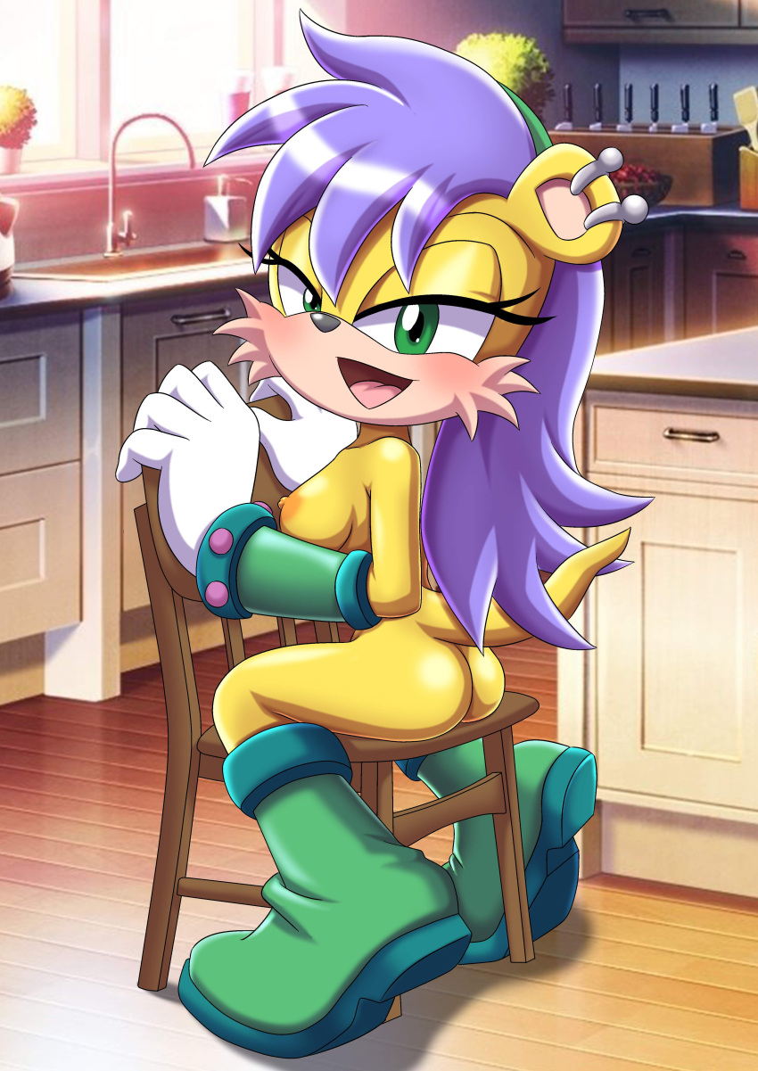 1girls absurd_res archie_comics ass bbmbbf breasts functionally_nude furry green_boots green_eyes kitchen large_breasts long_hair looking_at_viewer mina_mongoose mobius_unleashed nipples nude palcomix purple_hair sega solo solo_female solo_focus sonic_(series) teenage_girl teenager white_gloves yellow_fur young