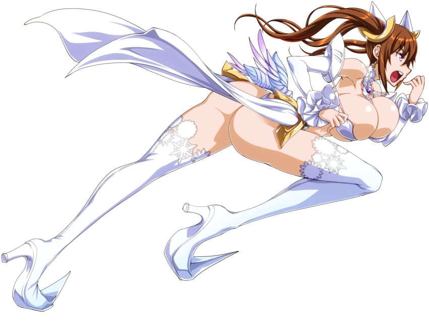 ass breasts brown_hair clothes detached_sleeves ebido female footwear hair_ornament high_heels huge_breasts kuramoto_erika large_breasts legs long_hair mahou_shoujo_(raita) open_mouth purple_eyes running shoes thighhighs thighs thong wings zettai_junpaku_mahou_shoujo