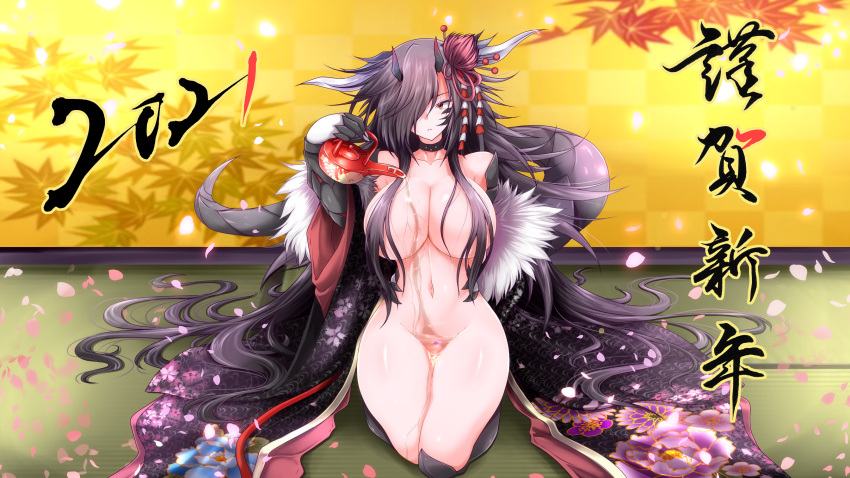 2021 alcohol bangs bare_shoulders black_choker black_hair black_kimono breasts cherry_blossoms choker claws collarbone commentary_request dragon_girl dragon_horns dragon_tail falling_petals female floral_print flower full_body g_(genesis1556) groin hair_between_eyes hair_censor hair_flower hair_ornament hair_over_one_eye highres holding horn horns indoors japanese_clothes kimono large_breasts long_hair looking_at_viewer mira_(g_(genesis1556)) monster_girl multi_horn navel nengajou new_year off_shoulder original parted_lips petals pouring_onto_self print_kimono red_eyes sake seiza shadow sidelocks sitting solo stomach tail tatami translated very_long_hair wakamezake