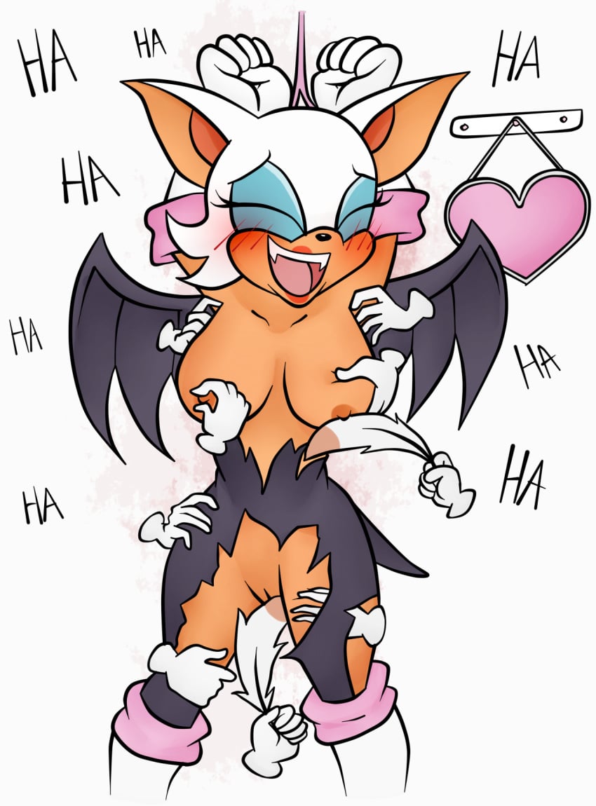 anthro breast_grab closed_eyes eldelascosquillas laugh lipstick nipple_pinch nude_female pussy_tickling rouge_the_bat sonic_(series) text tickling tickling_armpits tickling_nipples tied_up torn_clothes