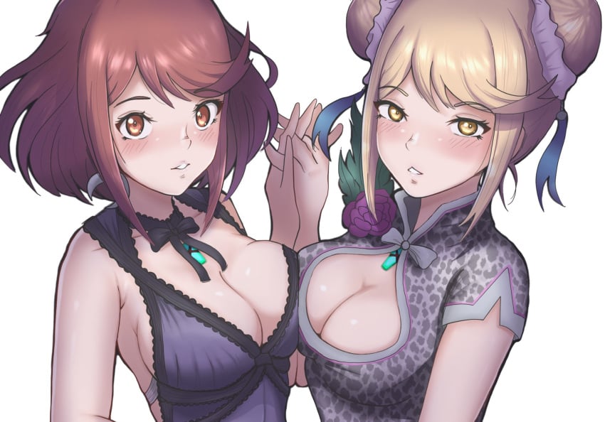 2girls blonde_hair blush chascoby holding_hands large_breasts long_hair mythra nintendo pyra red_eyes red_hair short_hair tifa_lockhart_(cosplay) xenoblade_(series) xenoblade_chronicles_2