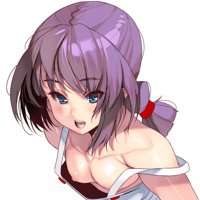 absurdres ambiguous_gender androgynous bangs blue_eyes breasts brown_hair downblouse eyebrows_visible_through_hair high-angle_view highres leaning_forward looking_at_viewer masao medium_hair nipples no_bra open_mouth original small_breasts solo upper_body white_background