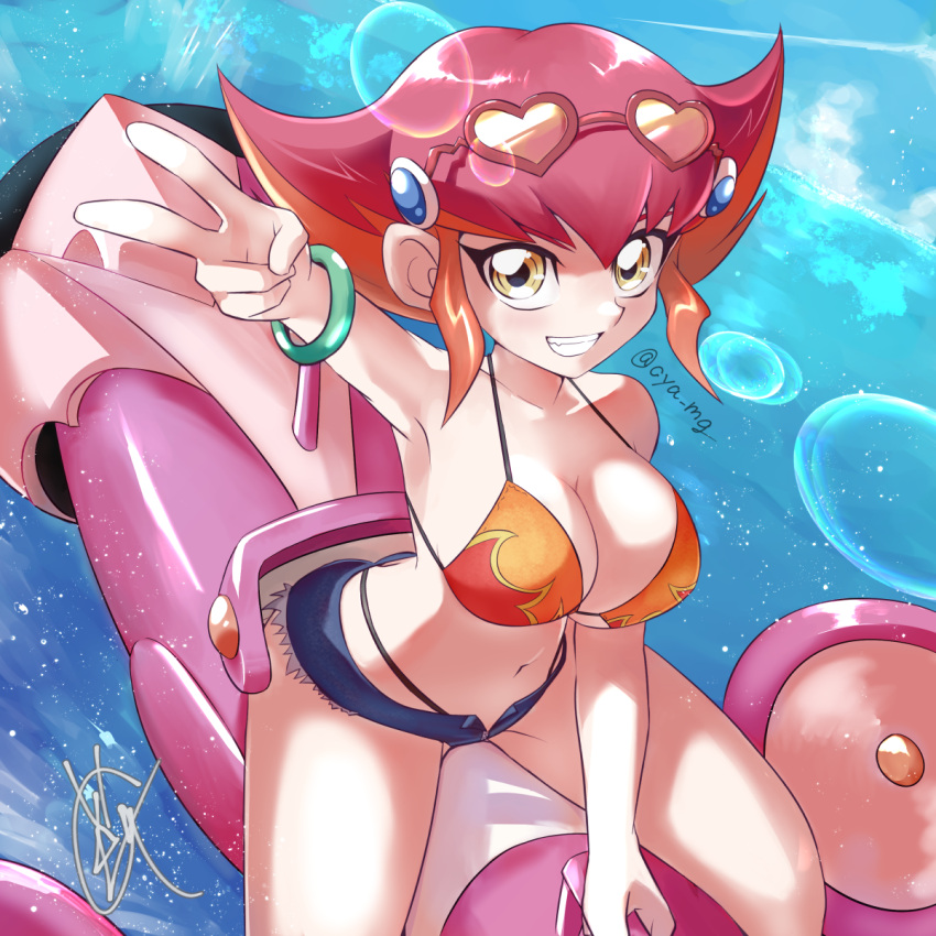 anna_kozuki artist_name big_breasts bikini bikini_top bikini_under_clothes blue_shorts blush booty_shorts bracelet breasts chaya_mago cleavage eyewear_on_head female flame_bikini heart heart-shaped_eyewear highres jewelry looking_at_viewer medium_breasts multicolored_hair navel open_mouth orange_bikini orange_hair red_hair shiny short_hair short_shorts shorts shortshorts smiling smiling_at_viewer solo swimsuit thong thong_above_shorts thong_bikini thong_panties thong_straps two-tone_hair v yellow_eyes yu-gi-oh! yu-gi-oh!_zexal