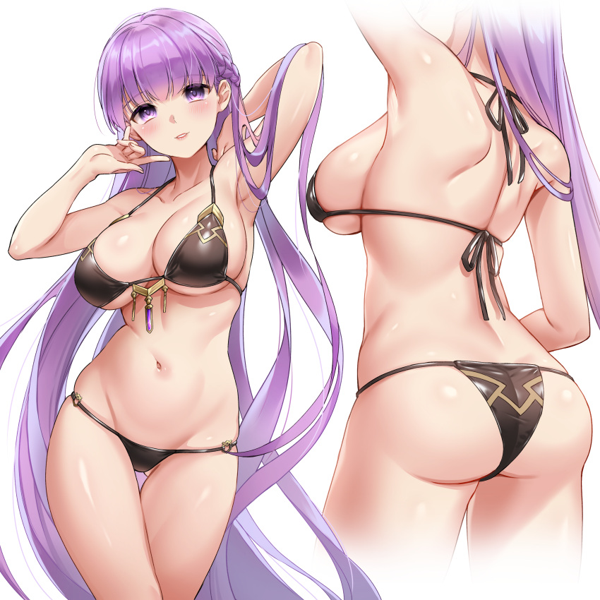 1girls absurdly_long_hair absurdres alternate_costume ass ass_visible_through_thighs back_view bangs bare_shoulders big_ass bikini black_bikini black_swimsuit blush braid breasts cleavage collarbone commission female female_only fire_emblem fire_emblem:_the_binding_blade french_braid halterneck highres iria_(yumeirokingyo) large_breasts long_hair looking_at_viewer nintendo purple_eyes purple_hair sideboob skeb_commission smile solo sophia_(fire_emblem) string_bikini swimsuit underboob very_long_hair