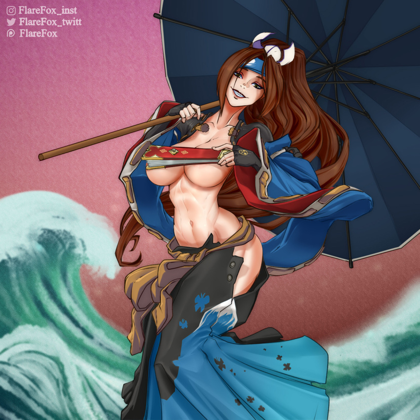 arc_system_works breasts cosplay female fighting flarefox guilty_gear guilty_gear_strive highres huge_breasts king_of_fighters large_breasts long_hair mai_shiranui mito_anji original smile snk solo umbrella