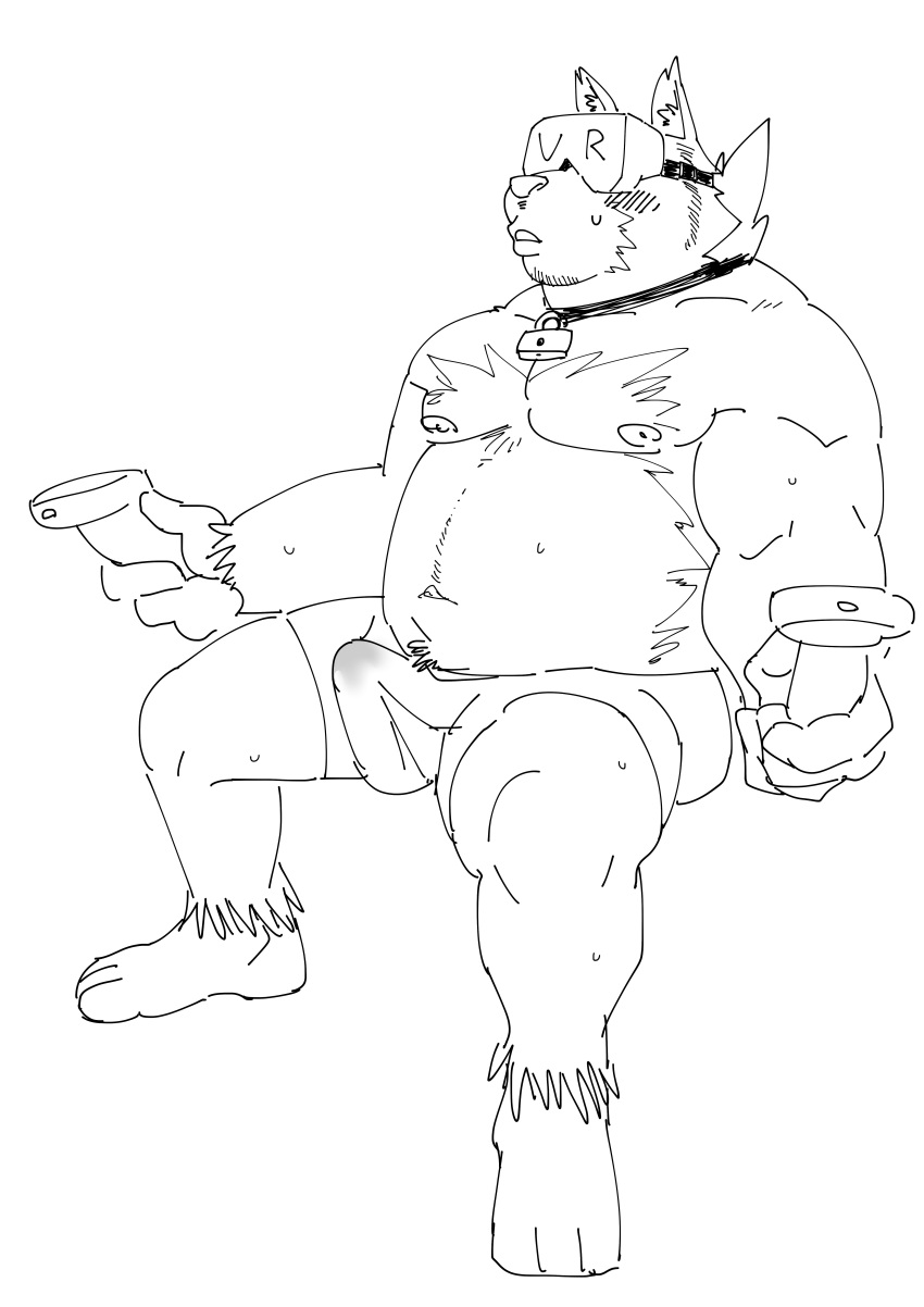 2019 absurd_res anthro belly bodily_fluids canid canine canis clothed clothing domestic_dog erect erection_under_clothing hi_res humanoid_hands kemono male mammal moobs navel nipples overweight overweight_male sitting sketch solo sweat ujishiyo underwear vr_headset