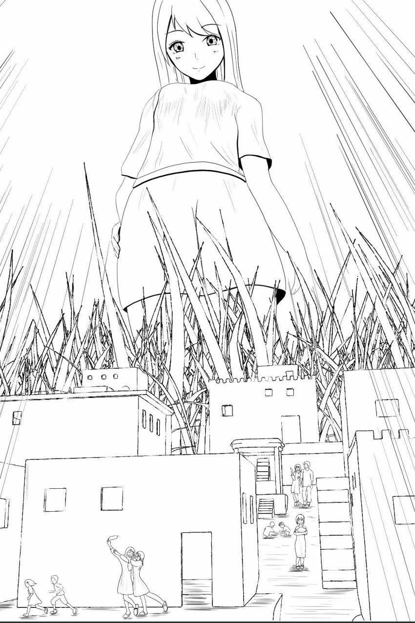 anime_style black_and_white city drawing giantess grass greyscale looking_down macrophilia pixiv shrunken shrunken_city