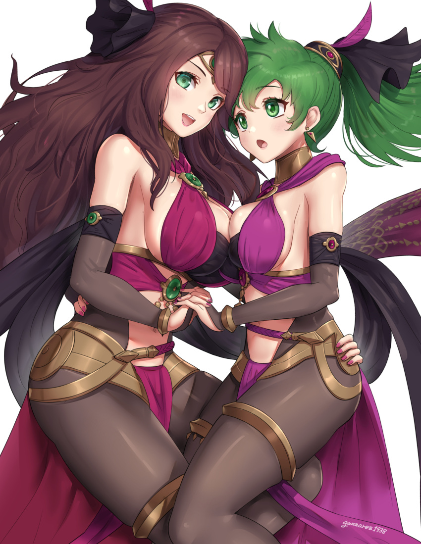 2girls :o absurdres alternate_costume asymmetrical_docking breast_press breasts brown_hair cleavage commentary_request dancer dorothea_arnault dorothea_arnault_(plegian) earrings female_only fire_emblem fire_emblem:_genealogy_of_the_holy_war fire_emblem:_three_houses fire_emblem_heroes gonzarez green_eyes green_hair hair_ornament hand_on_another's_hip highres holding_hands jewelry large_breasts lene_(fire_emblem) lene_(plegian)_(fire_emblem) loincloth long_hair multiple_girls nail_polish navel nintendo official_alternate_costume open_mouth pantyhose plegian ponytail skin_tight smile stomach white_background