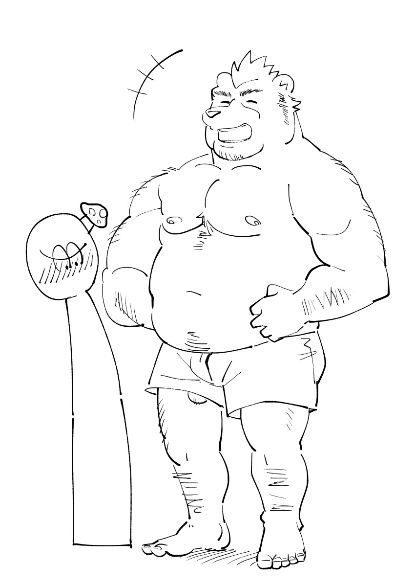 2019 absurd_res anthro ashigara belly blush closed_eyes clothing duo genitals hi_res humanoid_hands kemono laugh lifewonders male mammal moobs navel nipples overweight overweight_male penis sketch tokyo_afterschool_summoners ujishiyo underwear ursid video_games