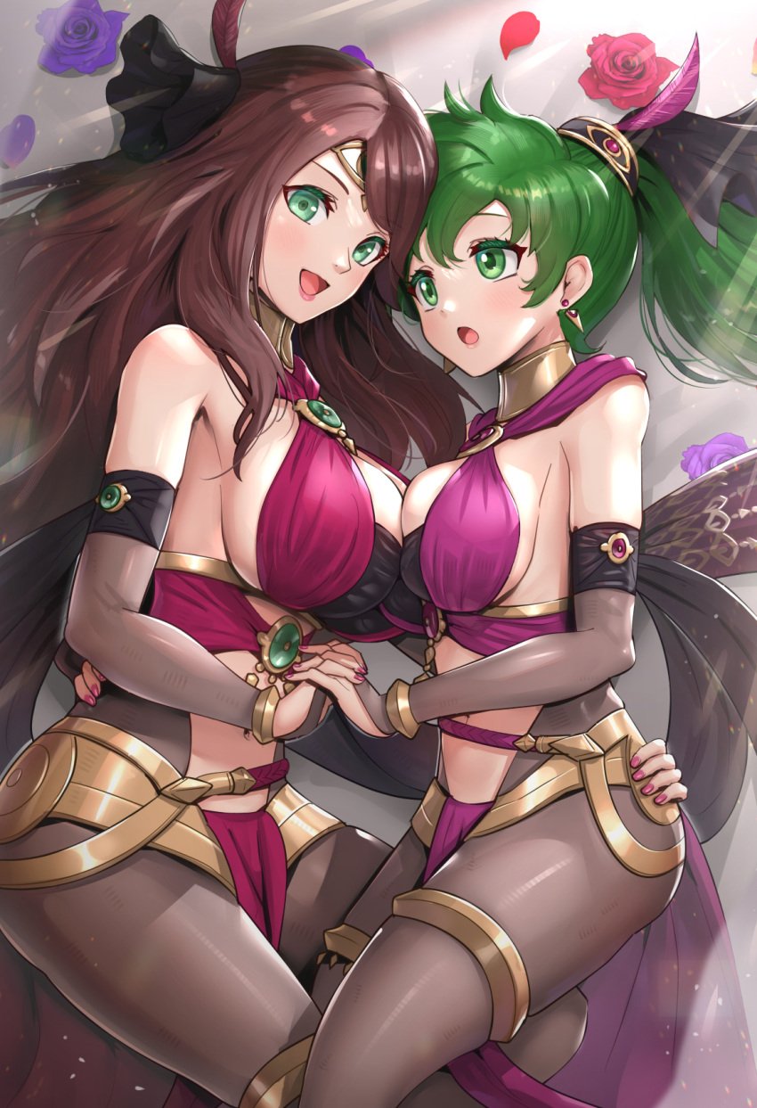 2girls :d :o alternate_costume asymmetrical_docking bare_shoulders black_legwear black_ribbon breast_press breasts brown_hair cleavage commentary_request dancer dorothea_arnault dorothea_arnault_(plegian) earrings female_only fire_emblem fire_emblem:_genealogy_of_the_holy_war fire_emblem:_three_houses fire_emblem_heroes flower gonzarez green_eyes green_hair hair_ornament hair_ribbon hand_on_another's_hip highres holding_hands jewelry large_breasts lene_(fire_emblem) lene_(plegian)_(fire_emblem) loincloth long_hair multiple_girls nail_polish navel nintendo open_mouth pantyhose plegian ponytail purple_flower purple_rose ribbon rose skin_tight smile stomach thighs