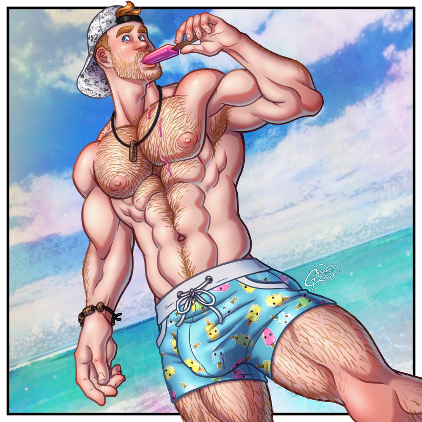 abs bara beach big_arms big_bulge bulge cabaret_bara cabaret_bara_series dripping finn_(cabaret_bara) ginger ginger_hair hairy hairy_chest huge_biceps male_only muscular muscular_male outdoors pecs popsicle red_hair snapback teasing thick_thighs