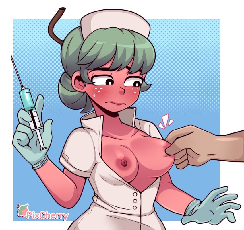 areolae big_breasts blush_lines breasts breasts_out cherry_(cherrypix) cherrypix erect_nipples gloves green_hair nipple_pinch nipples nurse nurse_uniform original original_character pinching_nipples syringe tagme