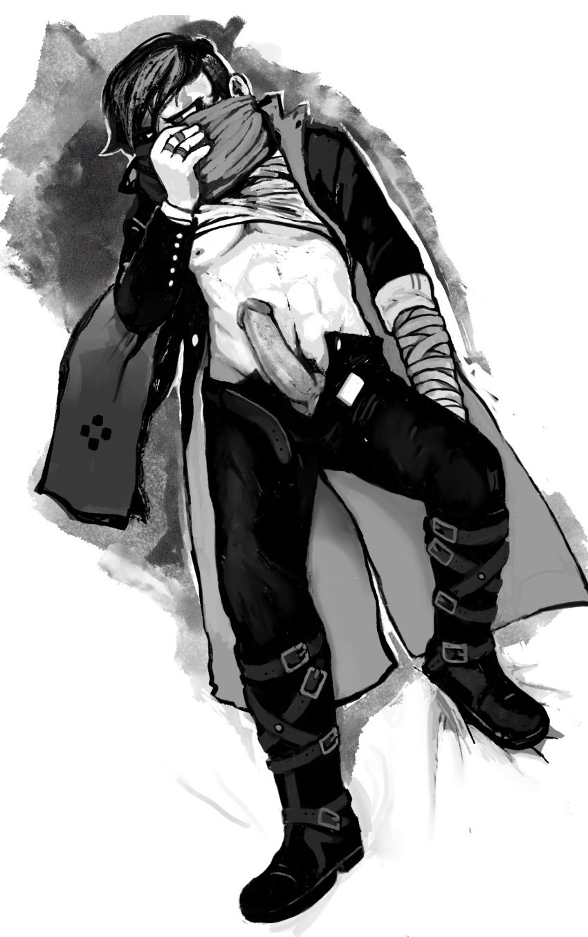 1boy abs big_penis black_and_white breeder danganronpa danganronpa_2:_goodbye_despair gundham_tanaka hiding_face looking_away male male_only muscular scarf shirt_up shy smooth_skin solo submissive_male