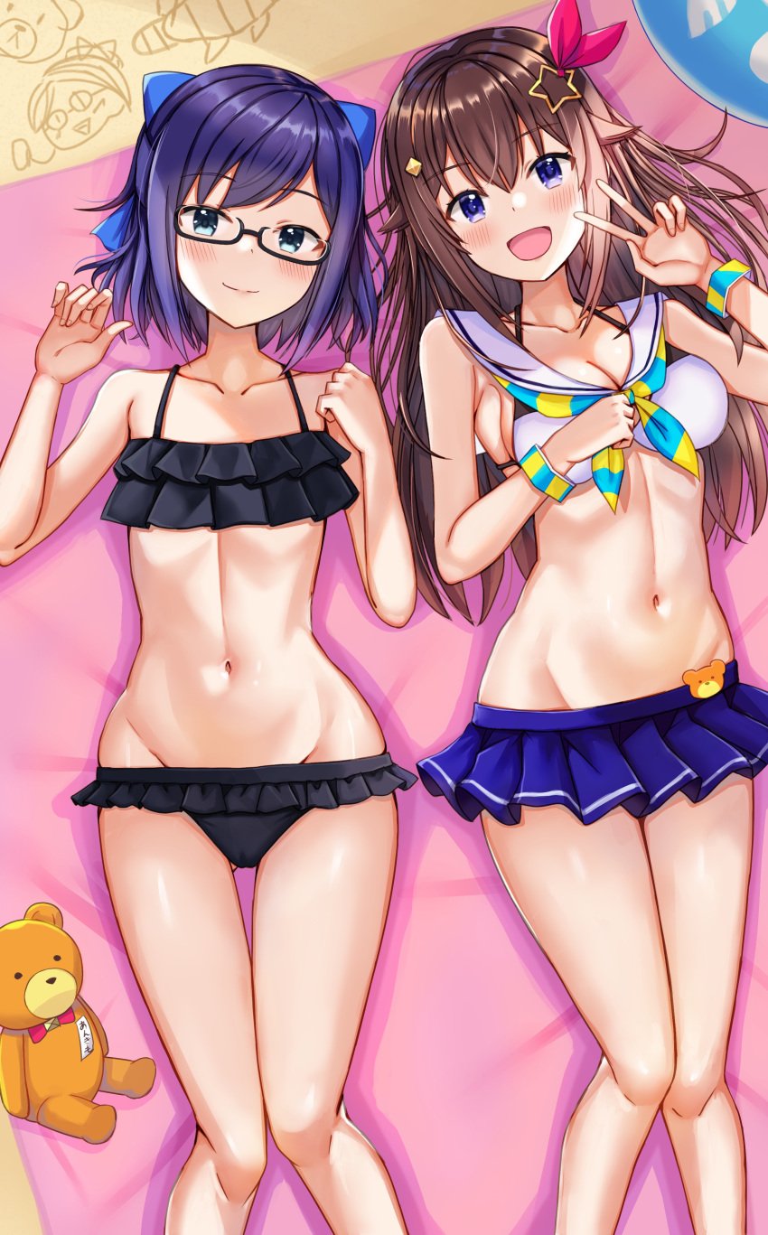 2girls :d a-chan_(hololive) absurdres alternate_costume ankimo_(tokino_sora) ass_visible_through_thighs bangs bare_legs beach_towel bikini bikini_skirt black-framed_eyewear black_bikini blue_bow blue_eyes blush bow breasts brown_hair cleavage closed_mouth collarbone cowboy_shot day eyebrows_visible_through_hair feet_out_of_frame flat_chest frilled_bikini frills from_above glasses groin hair_flaps hair_ornament hair_ribbon hairbow halter_top halterneck highres hololive hololive_gen_0 hololive_japan hololive_staff linea_alba long_hair looking_at_viewer lowleg lowleg_bikini lying medium_breasts multiple_girls navel neckerchief nootomo on_back open_mouth outdoors petite purple_hair ribbon semi-rimless_eyewear short_hair side-by-side smile star_(symbol) star_hair_ornament stomach string_bikini striped striped_neckerchief swimsuit thigh_gap thighs tokino_sora toned towel v virtual_youtuber white_bikini wristband