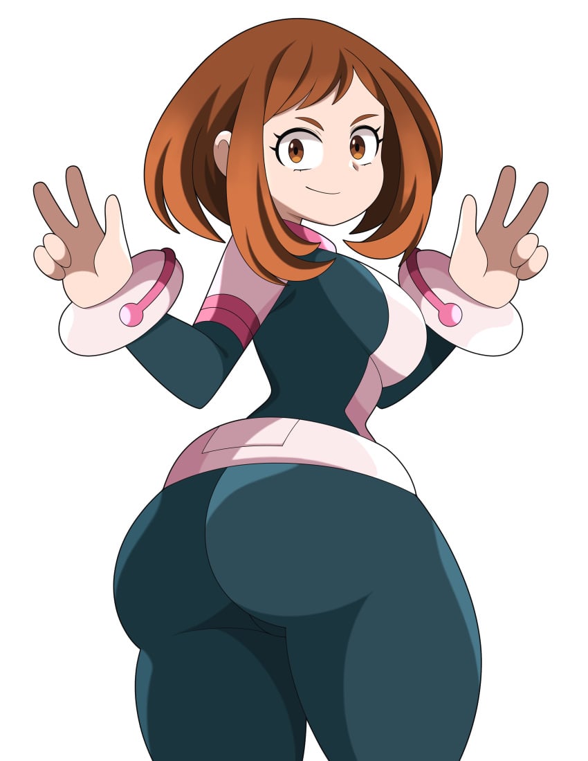 1girls abysswatchers ass big_ass big_butt breasts brown_eyes brown_hair female my_hero_academia ochako_uraraka peace_sign short_hair solo standing thick_thighs thighs white_background