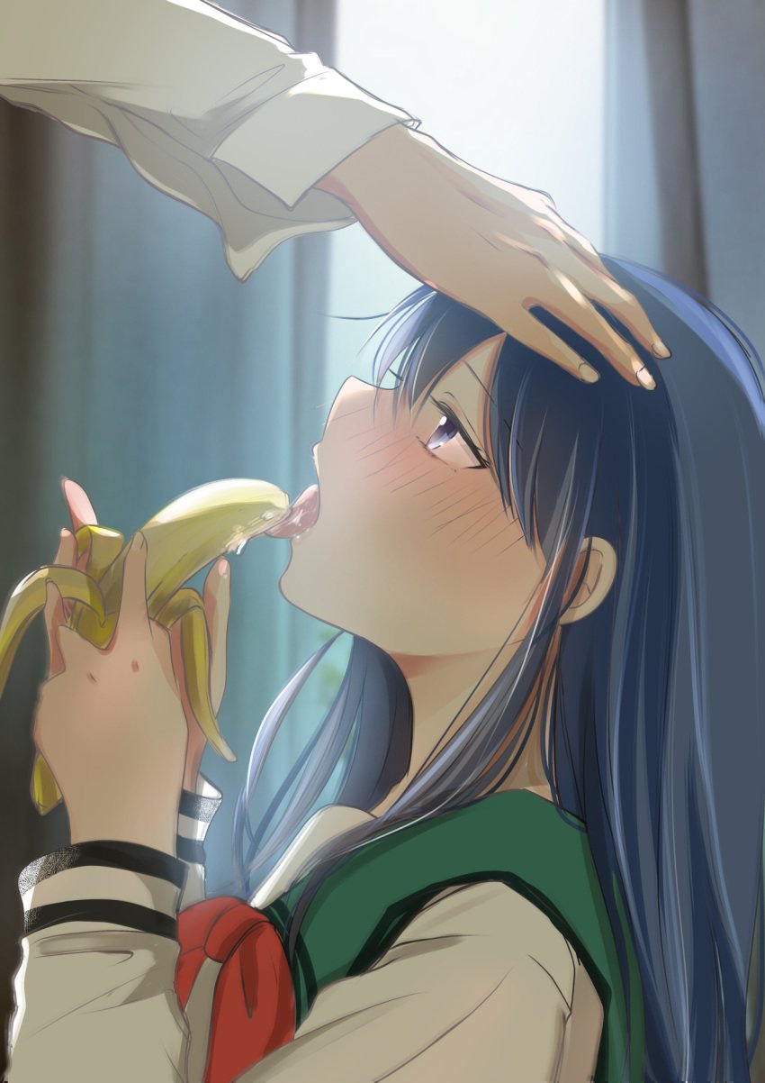 1girls artist_request banana blue_eyes blue_hair blush clothed clothed_female clothing color fellatio_gesture hair_between_eyes hand_on_head licking licking_object long_hair looking_up saiki_kusuo_no_psi_nan saliva school_uniform schoolgirl sole_female teruhashi_kokomi tongue_out watako_lab