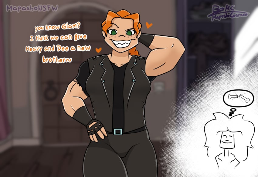 armpits braid braided_hair braided_ponytail buff dialogue fully_clothed ginger glam_(metal_family) green_eyes grin leather leather_vest long_hair mapashonsfw metal_family model_pose muscles muscular muscular_female red_hair sharp_teeth snu-snu text victoria_(metal_family)