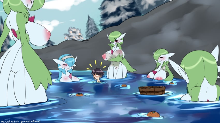 1boy 5girls alpha_pokémon anthro gardevoir hot_spring multiple_girls naked pokémon_(species) pokemon pokemon_(species) pokemon_legends:_arceus shiny_pokemon size_difference the_lost_artist towel