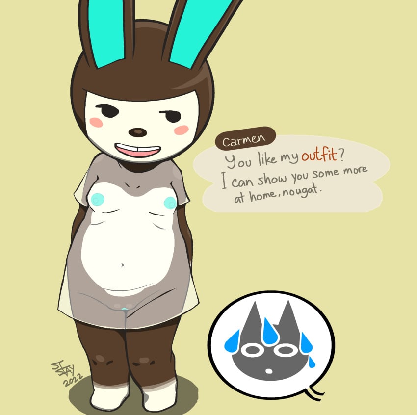 2022 abstract_background animal_crossing anthro blue_nipples blush breasts buckteeth carmen_(animal_crossing) emote female nintendo nipples pussy rabbit saintstay see-through_clothing small_breasts thick_thighs thighs unseen_character villager_(animal_crossing)