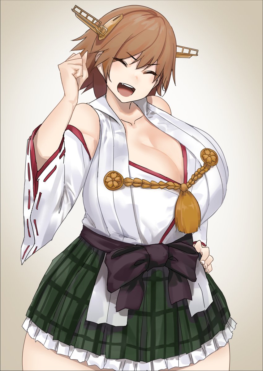 absurdres alternate_breast_size bangs breasts brown_hair cleavage clenched_hand closed_eyes detached_sleeves eyebrows_visible_through_hair female frilled_skirt frills green_skirt grey_background hand_on_hip headgear hiei_(kantai_collection) highres huge_breasts japanese_clothes kantai_collection long_sleeves nontraditional_miko open_mouth plaid plaid_skirt ribbon-trimmed_sleeves ribbon_trim short_hair simple_background skirt solo uru_(uru0000)