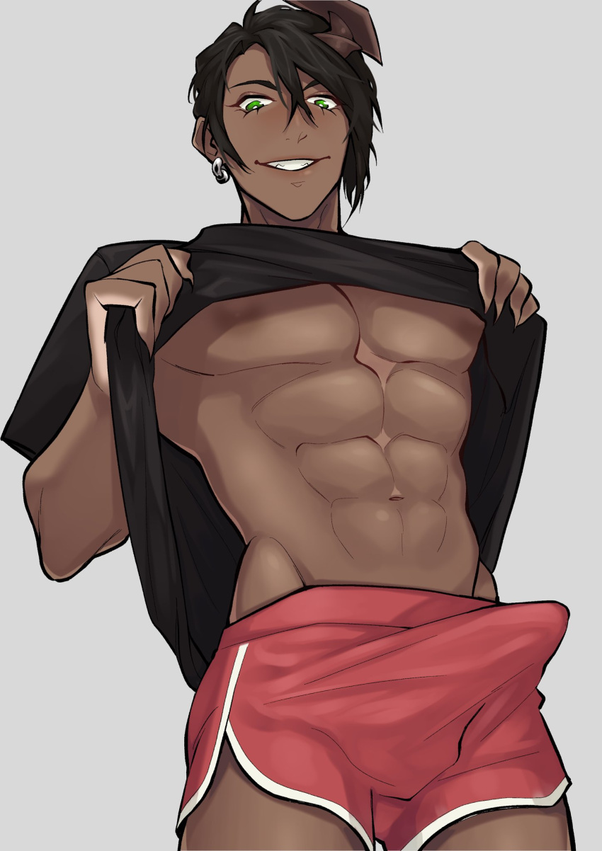 abs aragami_oga black_hair dark-skinned_male dark_skin demon demon_horns erection erection_under_clothes green_eyes holostars horn horns lifting_shirt lpatatilla male_only muscular muscular_male shirt_lift shirt_up virtual_youtuber