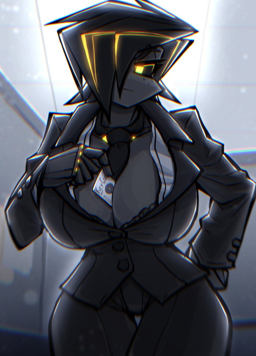 2020s 2022 albry_(zzzhodazzz) big_breasts black_hair card item_in_cleavage keycard office_clothing original_character robot robot_girl tagme thick_thighs tie yellow_eyes zzzhodazzz