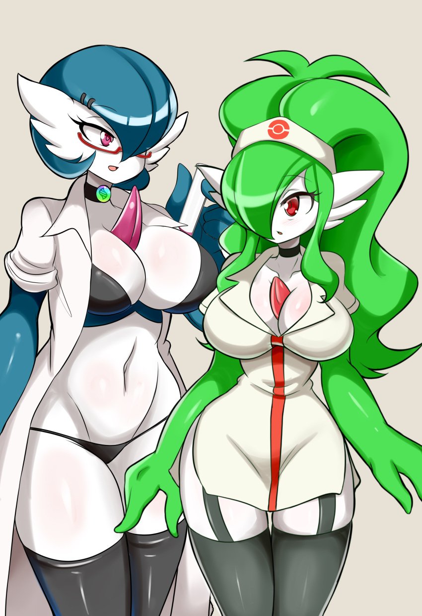 2022 2girls anthro black_bra black_panties blue_hair bra breasts chest_spike choker cleavage doctor dr._voir female female_only gardevoir garter_straps glasses green_hair hair_over_one_eye hi_res hilda_(pokemon)_(cosplay) hips labcoat large_breasts long_hair long_ponytail lucyfercomic nintendo nurse nurse_cap nurse_outfit nurse_uniform nurz_(lucyfercomic) open_clothes panties pokémon_(species) pokemon pokemon_(species) ponytail red_eyes short_hair simple_background slim_waist thick_thighs thighhighs thighs white_body white_coat white_skin wide_hips