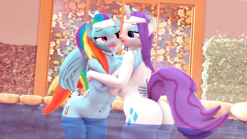 3d 3d_(artwork) absurd_res ass athletic athletic_female breasts digital_media_(artwork) equid equine female female/female friendship_is_magic hi_res horn mammal my_little_pony nude partially_submerged pegasus rainbow_dash_(mlp) rarity_(mlp) sebaxn straight_hair unicorn water wings