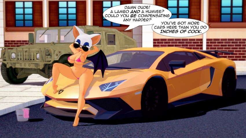 3d 3d_model bikini car compensating_for_something compensation dialogue english_text misunderstoodsecrets mobian mobian_(species) mobian_bat rouge_the_bat sega small_penis_humiliation sonic_(series) sonic_adventure_2 sonic_the_hedgehog_(series)