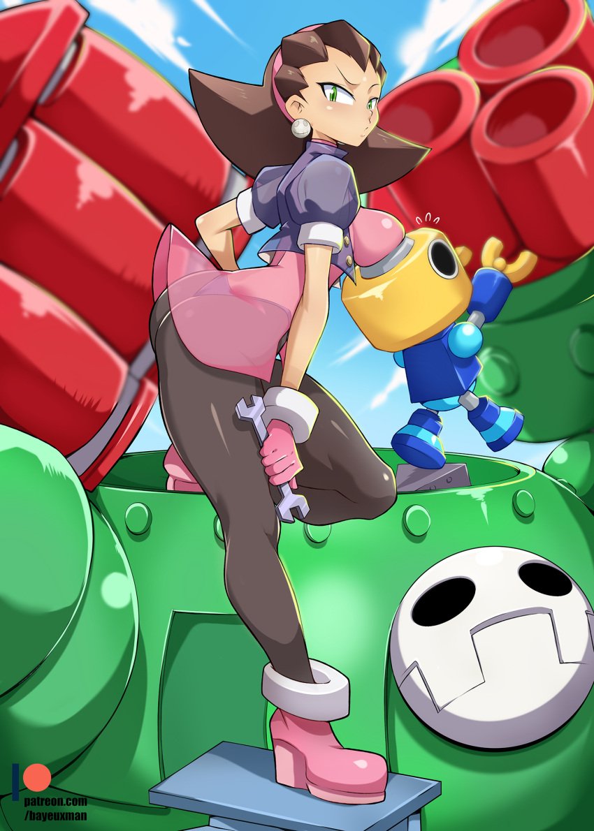 1girls ass bayeuxman big_ass big_breasts bodysuit boots breasts_on_head brown_hair capcom clothed cropped_jacket dress earrings from_side full_body gloves green_eyes hairband high_resolution highleg_leotard long_legs looking_at_viewer mega_man mega_man_legends pantyhose see-through servbot thighs tron_bonne wrench