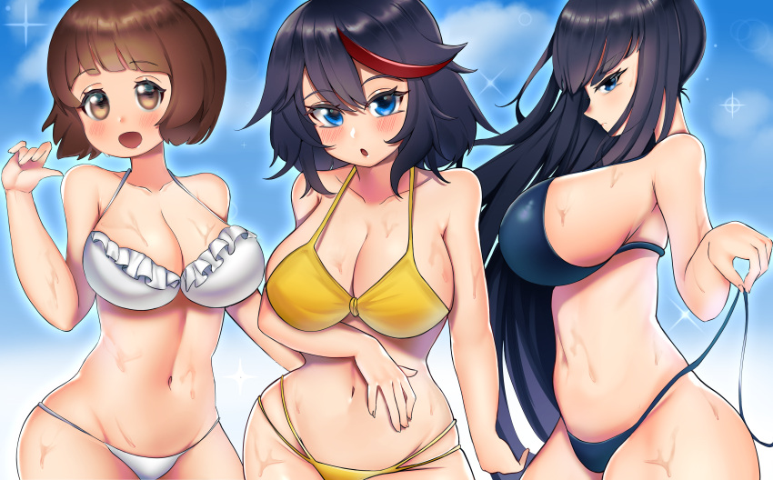 3girls 888hachi alternate_costume bikini breasts clothed clothing female female_only kill_la_kill kiryuuin_satsuki mankanshoku_mako matoi_ryuuko tagme