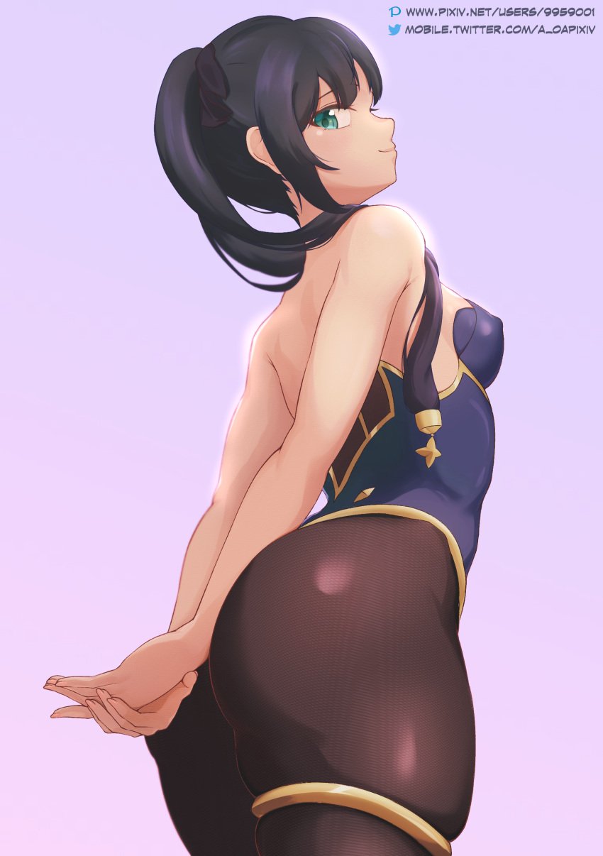 1girls ass ass_focus big_ass big_butt black_hair blue_eyes breasts cute dat_ass fat_ass female female_only genshin_impact huge_ass large_ass long_hair looking_at_viewer mona_(genshin_impact) nsfw_oa presenting seductive small_breasts solo_focus stockings thick_thighs twintails wide_hips