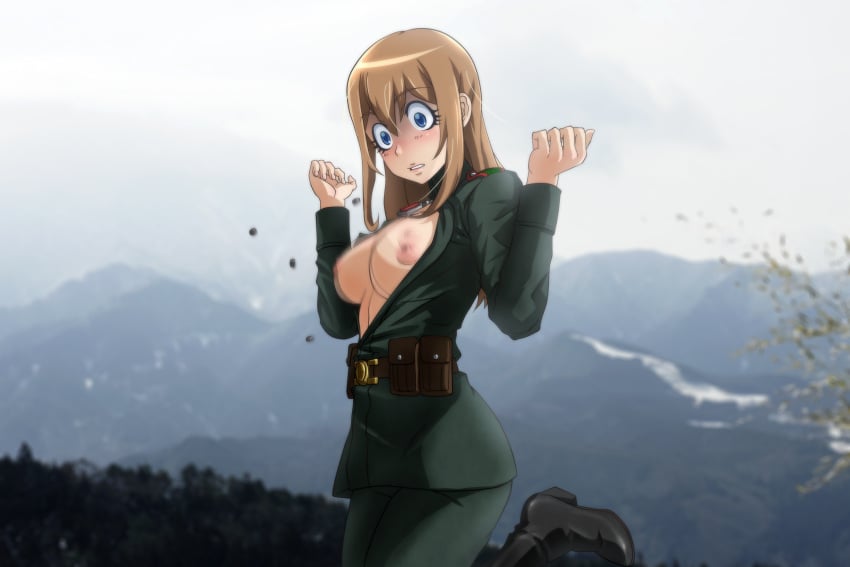 1girls blush breasts brown_hair clothed_female color exposed_breasts genya military military_uniform motion_blur nipples no_bra outdoors outside viktoriya_ivanovna_serebryakov youjo_senki