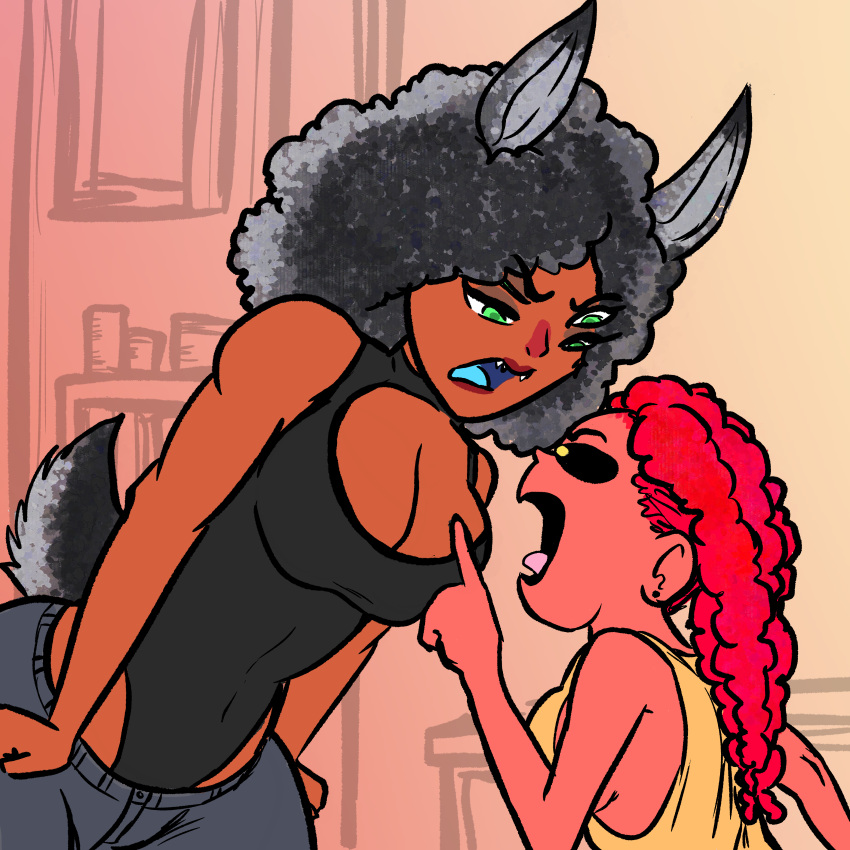 2girls afro arguing big_breasts blue_tongue boob_window breasts bunny_ears bunny_tail cyclops dark_skin digital_media_(artwork) dreadlocks female/female fight green_eyes hi_res highres juju_(ttherandom) kojoarts lipstick multi_eye multiple_girls naughtypaw_(artist) red_skin size_difference tight_clothing ttherandom tthrandom tthrandom_rp voluptuous yelling