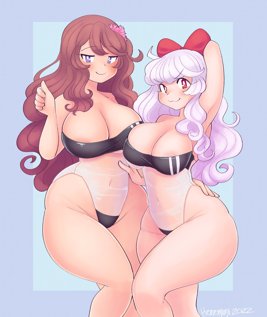 2girls :3 big_breasts female girlsfc gris_swimsuit henemimi hips indie_virtual_youtuber light-skinned_female light_skin mimi_(henemimi) nina_saotome nipple one-piece_swimsuit swimsuit thick_ass thick_thighs virtual_youtuber