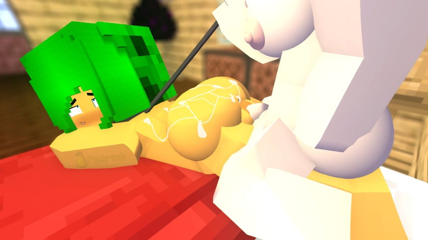 3d alex_(minecraft) blue_eyes blush cum cum_in_ass cum_inside cum_on_ass cum_on_body futa_on_female futanari futanari_penetrating green_hair leash leash_pull lou_(pearickmc) minecraft pearickmc questionable_consent vaginal_penetration