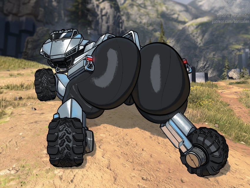 all_fours ass big_butt borisalien bottomless clothed clothing female genitals halo_(series) hi_res huge_butt humanoid living_machine living_vehicle looking_back machine microsoft multicolored_body pussy solo vehicle video_games wheel xbox_game_studios