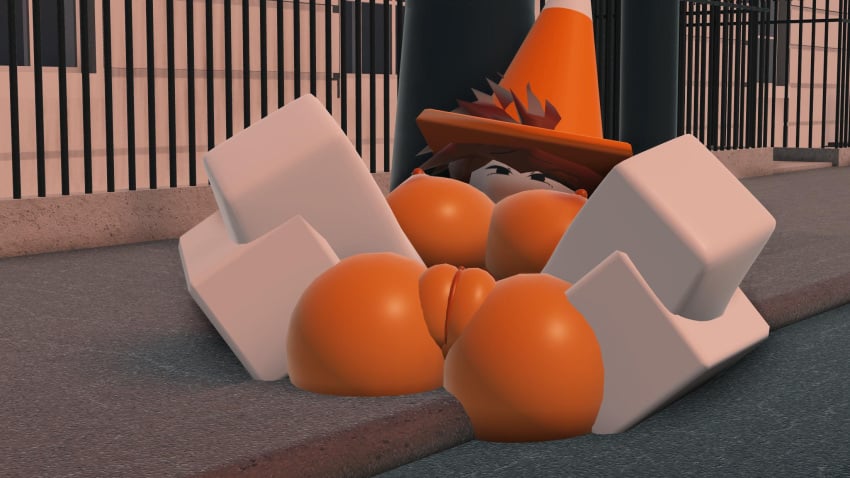 1girls 3d blushing cone cone_hat female_only legs_spread nipples orange_skin puffy_pussy pussy roblox robloxian senith source_request tagme traffic_cone