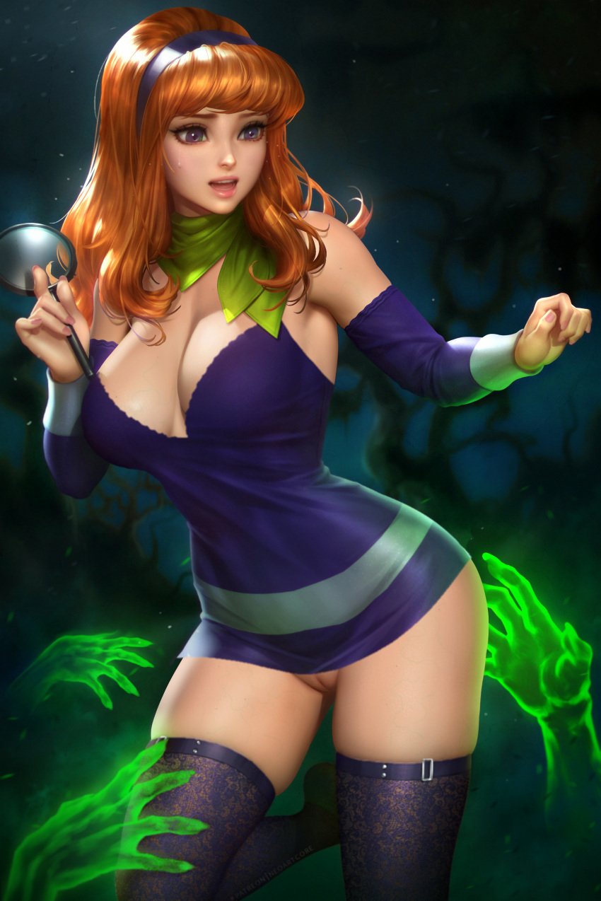 1girls alternate_version_available daphne_blake dress edit female female_focus fully_clothed ghost hanna-barbera large_breasts long_hair miniskirt neoartcore no_panties nudtawut_thongmai one-piece_dress orange_hair purple_eyes pussy pussy_peek red_hair scooby-doo thick_thighs thighhighs uncensored