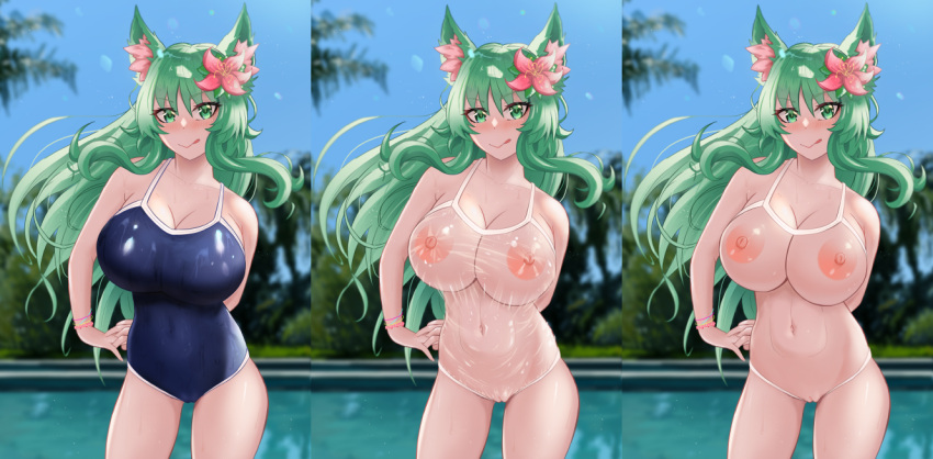 1girls animal_ears background blue_swimsuit blurred_background blurry_background bracelet exposed_breasts exposed_pussy gamegwl green_eyes green_hair hands_behind_back interlocked_fingers large_breasts long_hair nipples one-piece_swimsuit see-through_clothing see-through_swimsuit swimwear tongue_out transparent_clothing water