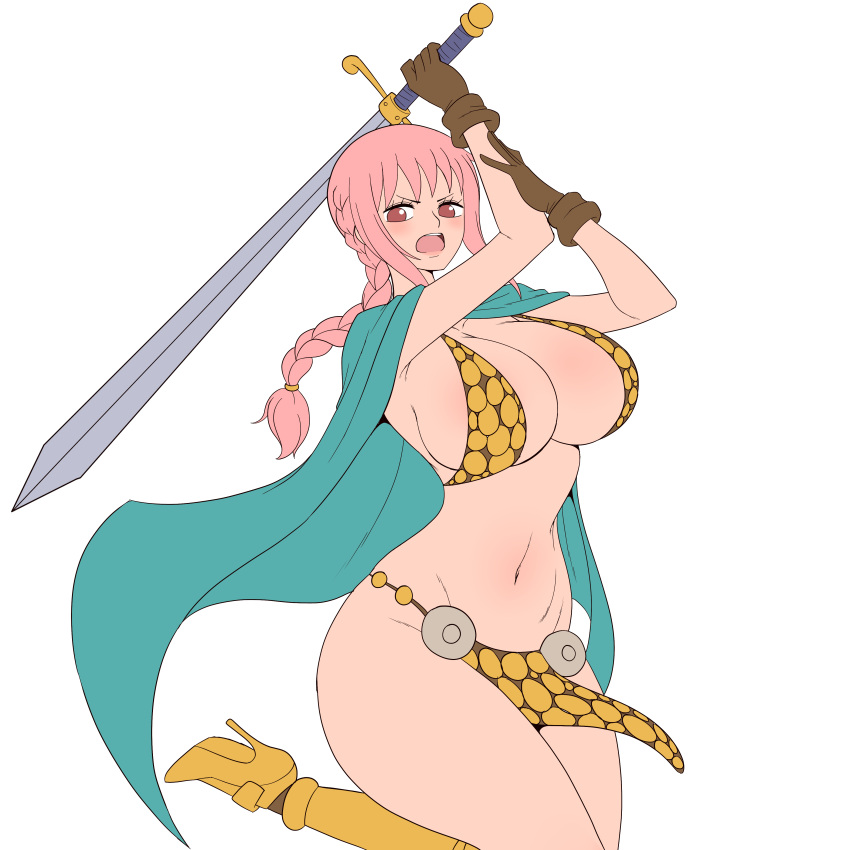 1girls armored_boots armored_gloves big_breasts braided_hair breasts cape female female_only flat_colors gold_heels huge_breasts large_breasts long_hair one_piece pink_hair rebecca_(one_piece) simmsy sketch solo sword thick_thighs thighs white_background