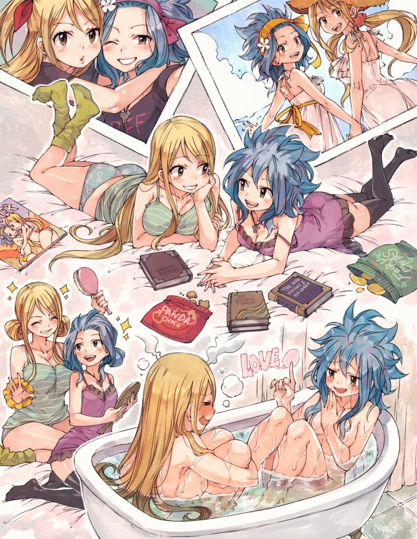 2girls ass_cleavage bath bathing bathing_together bathroom bathtub bed big_breasts bikini blonde_hair blue_hair blue_underwear blush blush_lines blushing_profusely books bow brown_eyes brush bun buns butt_crack convenient_censoring fairy_tail flower flower_in_hair food hair_censor hair_covering_breasts hairbrush headband headband_removed hi_res leaning_on_hand levy_mcgarden light-skinned_female light_skin long_hair long_socks looking_back lucy_heartfilia lying_down lying_on_stomach medium_breasts mirror necklace nightgown nude nude_female nudity one_eye_closed panties photo_(object) rusky scrunchie selfie sharing_bathtub short_hair smile spaghetti_strap sun_hat swimsuit tank_top thighhighs wholesome winking yuri