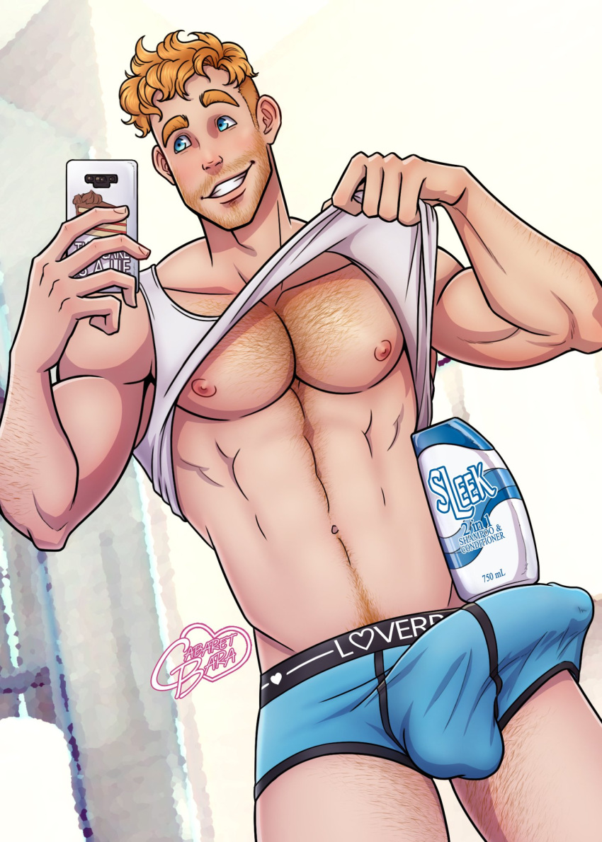 boner cabaret_bara cabaret_bara_series erect_penis finn_(cabaret_bara) ginger ginger_hair male male_only muscles muscular muscular_male selfie shampoo_challenge teasing