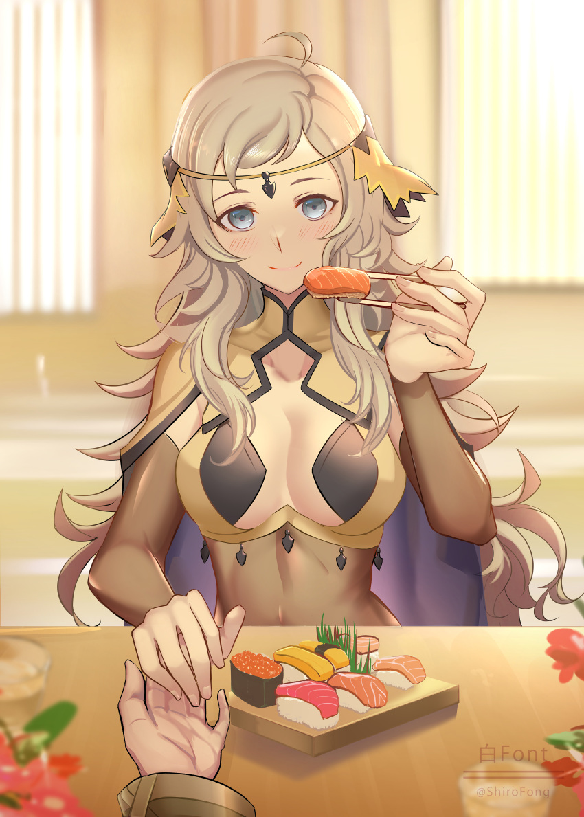 1boy 1girls absurdres ahoge asymmetrical_hair blonde_hair bodystocking breasts bridal_gauntlets cape circlet cleavage closed_mouth commission feeding female female_focus fire_emblem fire_emblem_fates fire_emblem_heroes food grey_eyes highres incoming_food indoors kiran_(fire_emblem) kiran_(fire_emblem)_(male) long_hair looking_at_viewer male male_hand medium_breasts nintendo ophelia_(fire_emblem) pov pov_eye_contact shiro_font solo_focus sushi turtleneck wholesome