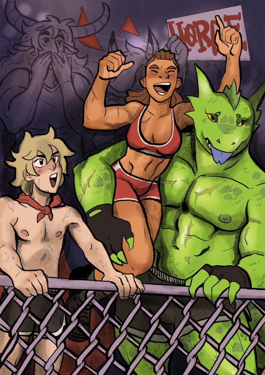 1girls 2boys abs blonde_hair blue_tongue blush boxers boxers_(clothing) brown_hair canon_couple cape cleavage dark-skinned_female dark_skin dreadlocks female green_skin hi_res jembutspicy kyle_(she-ra) lizard long_hair lonnie_(she-ra) male muscles muscular muscular_female muscular_male polyamory red_bra red_cape rogelio scales scar she-ra_and_the_princesses_of_power short_hair sports sports_bra tongue tongue_out topless topless_male yellow_eyes