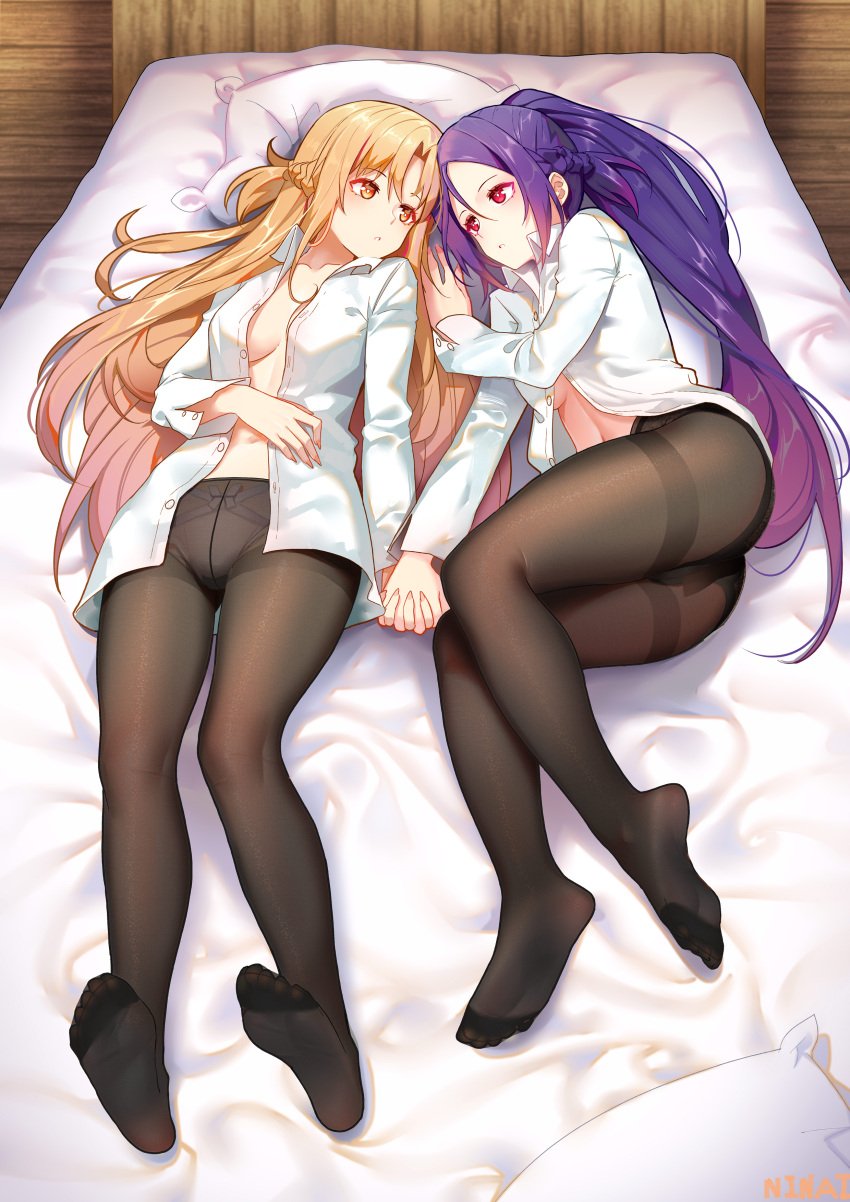 2girls bed black_panties blouse breasts cleavage eyelashes eyeliner feet female female_only hi_res highres holding_hands lingerie long_hair makeup medium_breasts misumi_tozawa mito_(sao) multiple_girls ninai no_bra no_shoes panties pantyhose pillow ponytail red_eyes shirt sword_art_online very_long_hair white_panties yuri yuuki_asuna