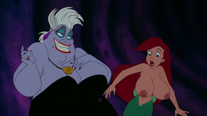 2girls ariel ariel_(the_little_mermaid) big_breasts big_nipples breasts chris_bryer disney disney_princess disney_villains edit female multiple_girls nipples overweight overweight_female screenshot screenshot_edit shocked size_difference tagme the_little_mermaid the_little_mermaid_(1989_film) underwater ursula_(the_little_mermaid)