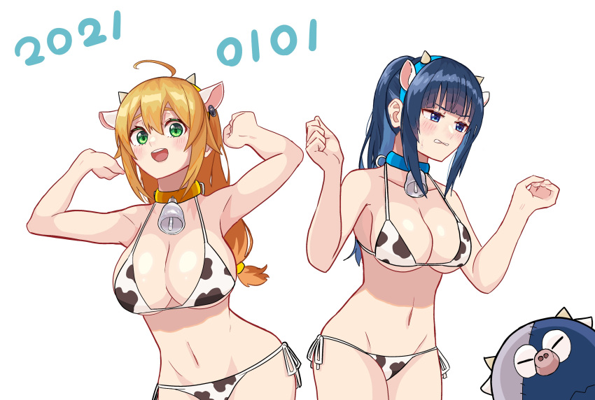 2021 2girls absurdres ahoge animal_collar animal_ears animal_print arms_up bangs bell bikini blonde_hair blue_collar blue_eyes blue_hair blunt_bangs blush breasts chinese_zodiac cleavage collar cow_ears cow_horns cow_print dated fake_animal_ears fake_horns female frown glaring green_eyes grimace groin halterneck highres horns large_breasts long_hair low-tied_long_hair multiple_girls navel neck_bell new_year open_mouth original petoka pig ponytail print_bikini side-tie_bikini sidelocks simple_background smile sweatdrop swimsuit w_arms white_background white_bikini year_of_the_ox yellow_collar