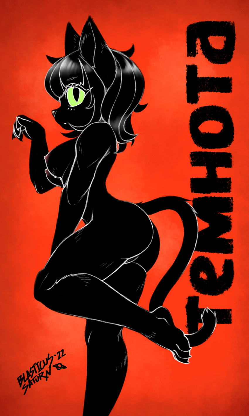 absurd_res anthro ass barefoot black_body black_fur blasticussaturn breasts feet felid feline female fur green_eyes hi_res looking_at_viewer mammal nipples nude signature simple_background solo text under_boob